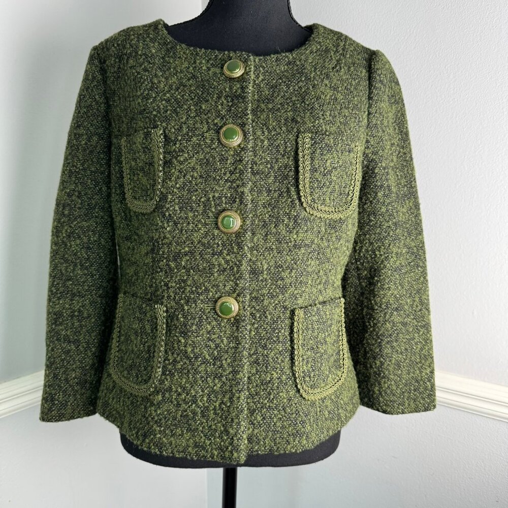 Ann Taylor Loft Women's Blazer Wool Blend Green Gold Jacket Classic Formal Sz 10